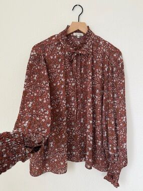 Max Studio Rust Floral Tie-Neck Blouse Size L